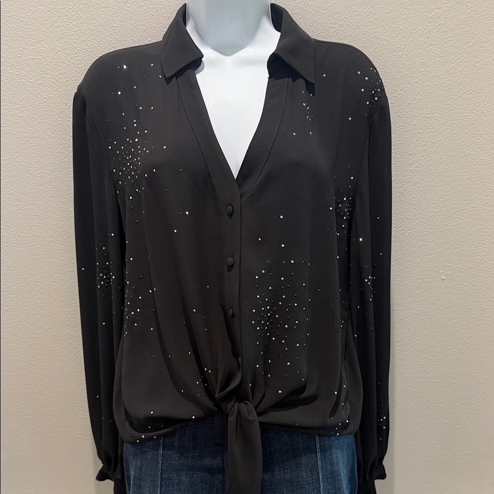 White House Black Market Black Tie Front Embellished Blouse